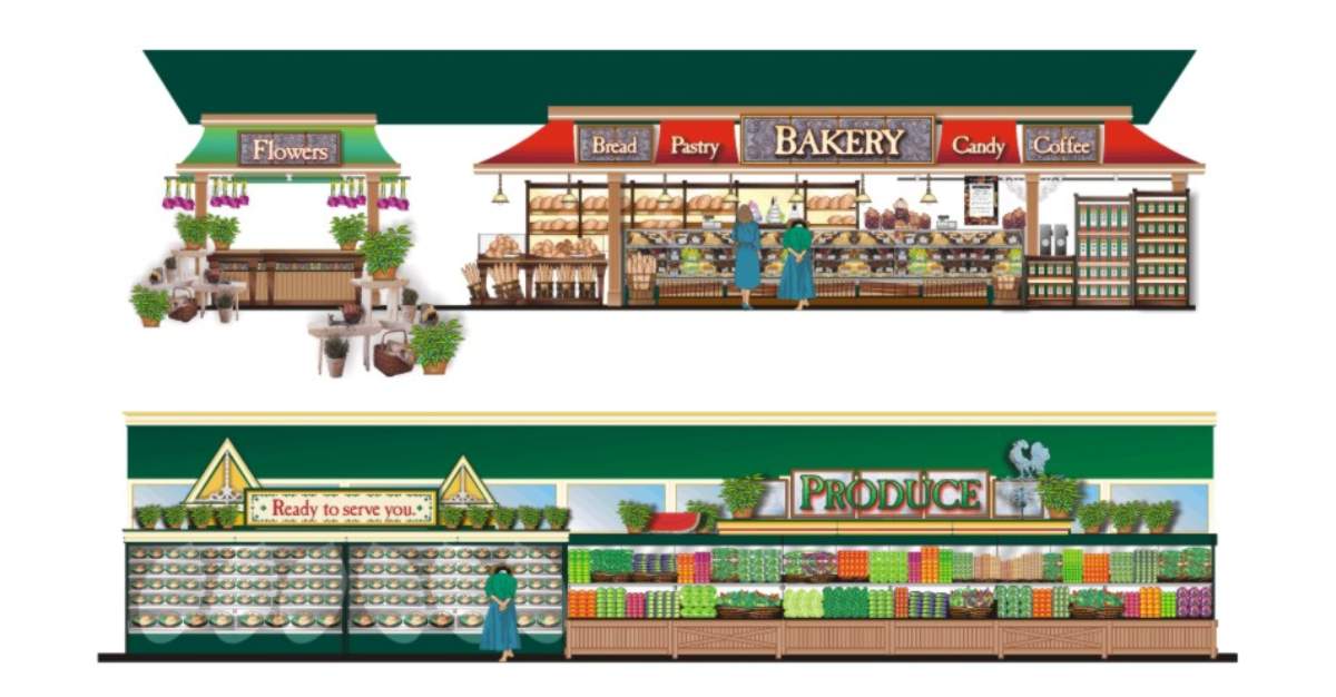 Elevation renderings and graphic signage styling for Sutton Place Gourmet Hayday Market by Centre Street Creative