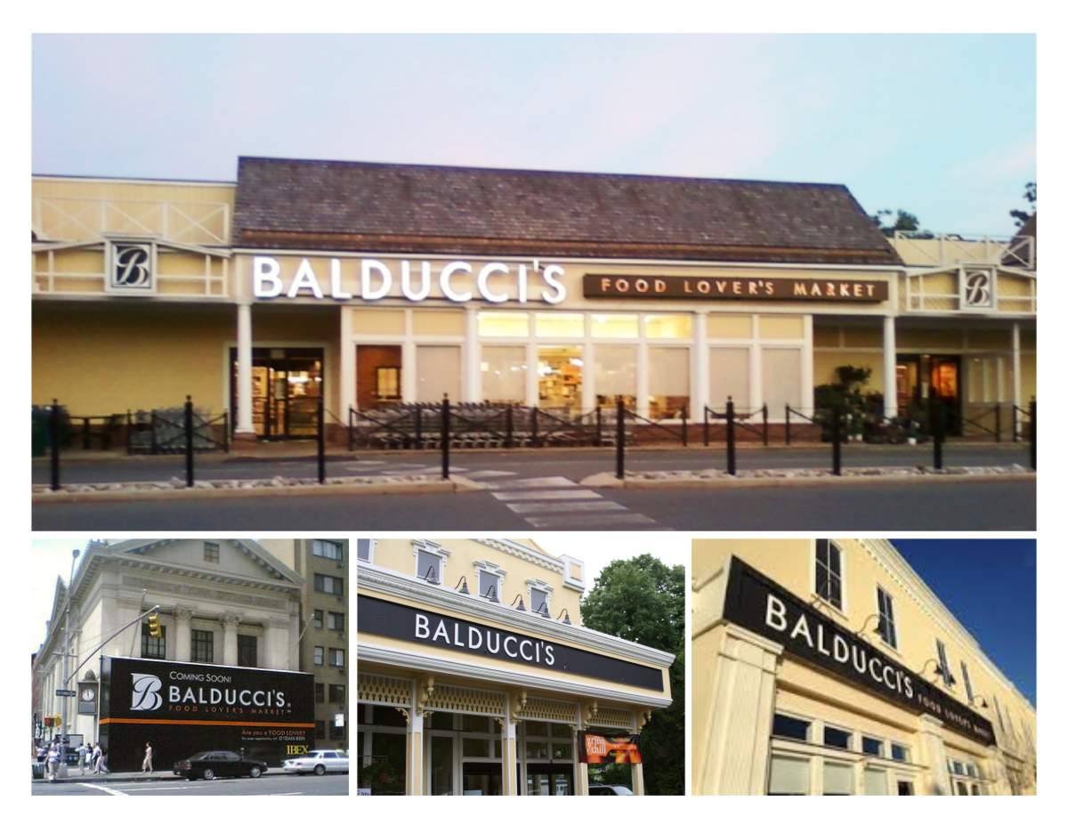 Photos of Balducci’s Food Lover’s Market re-branding storefront signage of existing facilities in Bethesda Maryland, Chelsea New York City, Scarsdale New York Westport Connecticut 