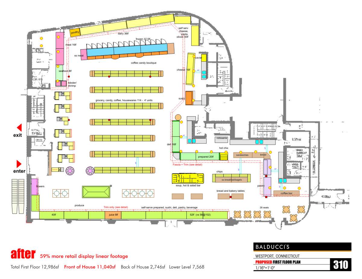 Floor plan showing Balducci’s specialty food market space planning and merchandising efficiency study in Westport Connecticut by Centre Street Creative