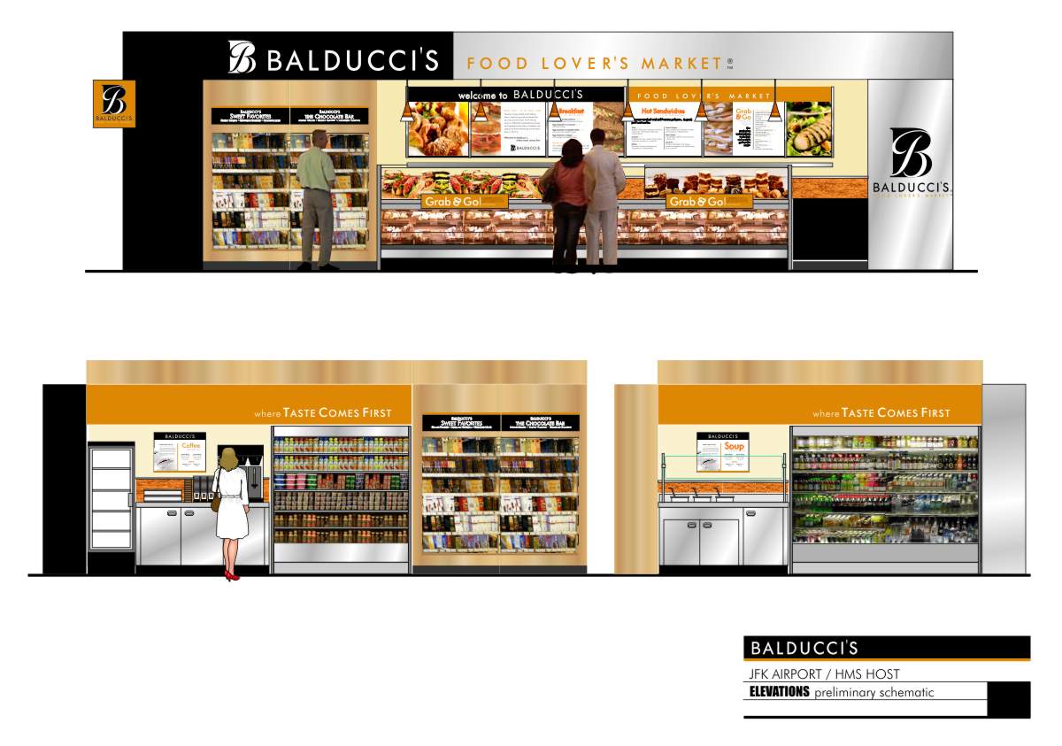 Storefront and interior elevation concept drawings for Balducci’s Food Lover’s Market at JFK International Airport HMSHost by Centre Street Creative
