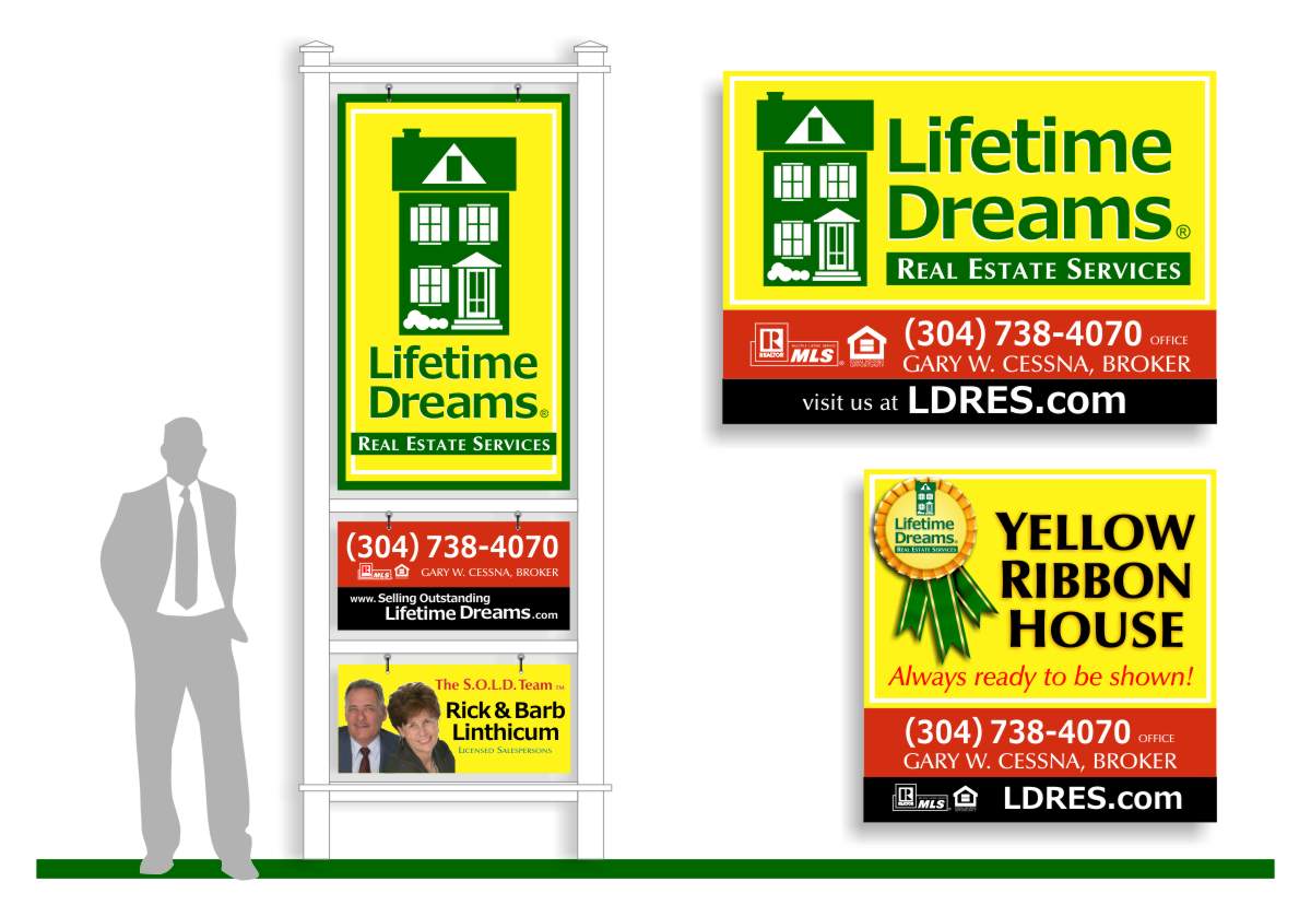 Property sign layouts with bright yellow and kelly green logos, red phone number sign bar and black website sign bar  