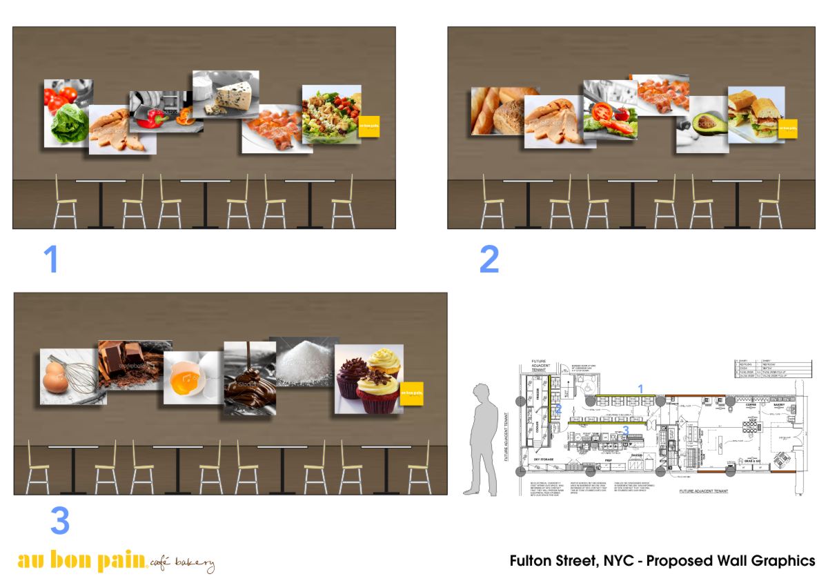 Color rendered elevation drawing showing compatible and consistent branding vocabulary for a typical upscale specialty fast casual dining restaurant locations.