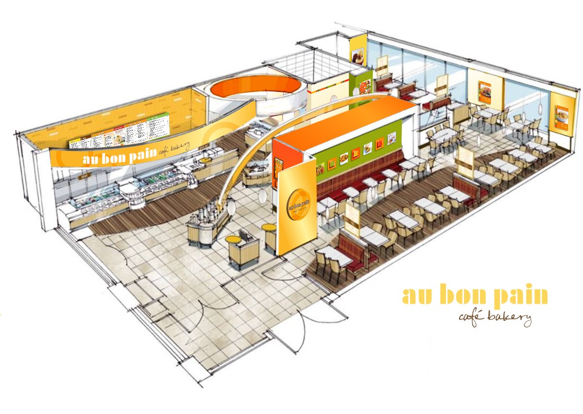 Artists color interior design rendering showing enhanced prototypical modular marketing  graphic design system and painted wall finish color blocking scheme. There are five primary color elements. A bulkhead fascia over the ordering area covered with shades of yellow on yellow concentric interlocking circle patterns. Adjacent there is an eight foot diameter bulkhead fascia ceiling element over the island of twelve soup urns that is painted vermillion orange on the inside of the diameter and off white on the outside. There are also green accent walls behind banquette seating with a series of seven text or photo squares above. At the entry vestibule there is a yellow accent wall with a round interior lit au bon pain logo circle. To define the grab and go display case merchandiser the side and top walls are painted in orange. All other walls are glass or neutral off white.