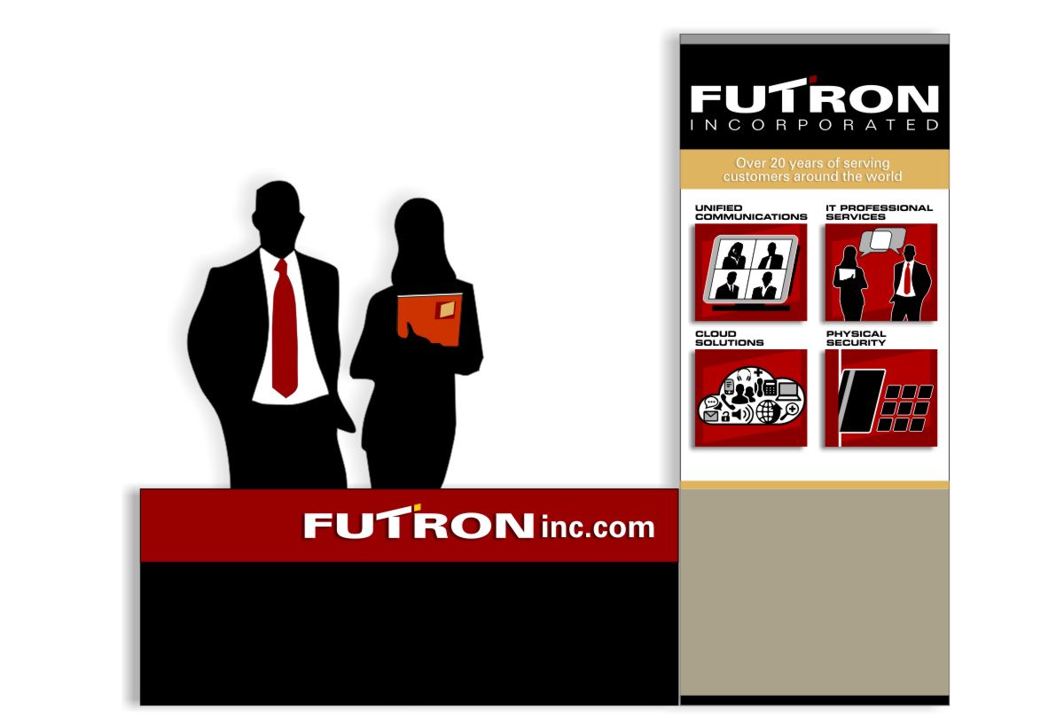 Elevation rendering illustrating Futron Incorporated brand identity vocabulary extended to trade show banner graphics including logos, four service icon images and color coordination with thirty six inch wide by ninety inch high banner, six foot long table with color logo branded table cloth and table skirt and a male and female salespeople with color coordinated neck ties and branded collateral handout materials.