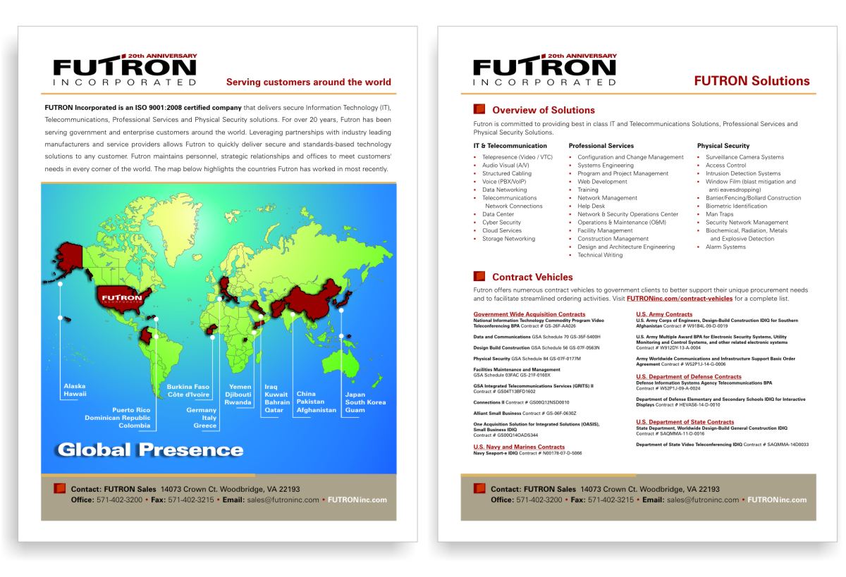 Futron Incorporated infographic design and handout information to illustrate their global reach across 24 countries in a clear uncluttered info graphic map layout