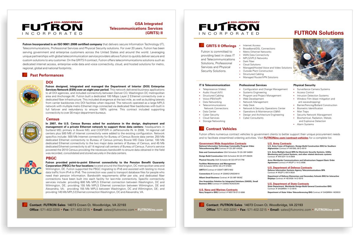 Futron Incorporated brand identity guidelines for preparation of customized handouts that outline service capabilities and qualifications