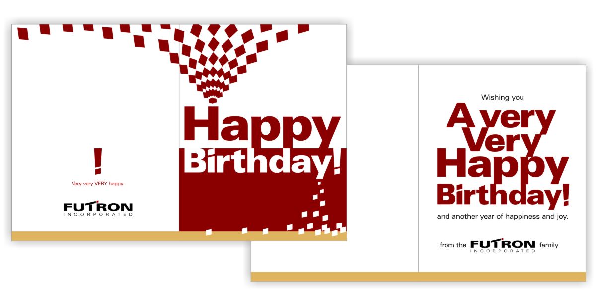 Futron Incorporated brand identity vocabulary extended to the design of a whimsically themed birthday celebration greeting card