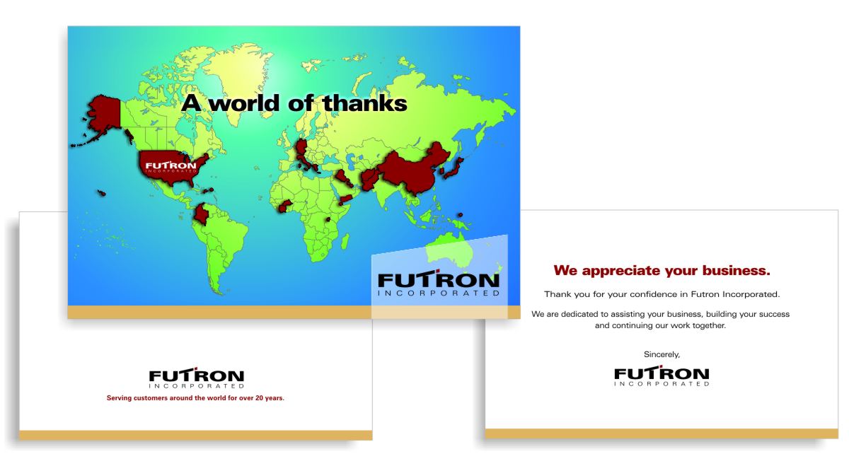 Futron Incorporated brand identity vocabulary and global info graphic re-purposed for a client and customer thank you card