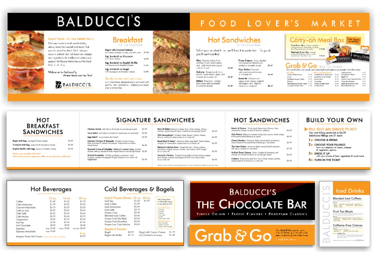 Balducci’s interior graphic design sandwich, coffee and espresso menu boards and large format signage