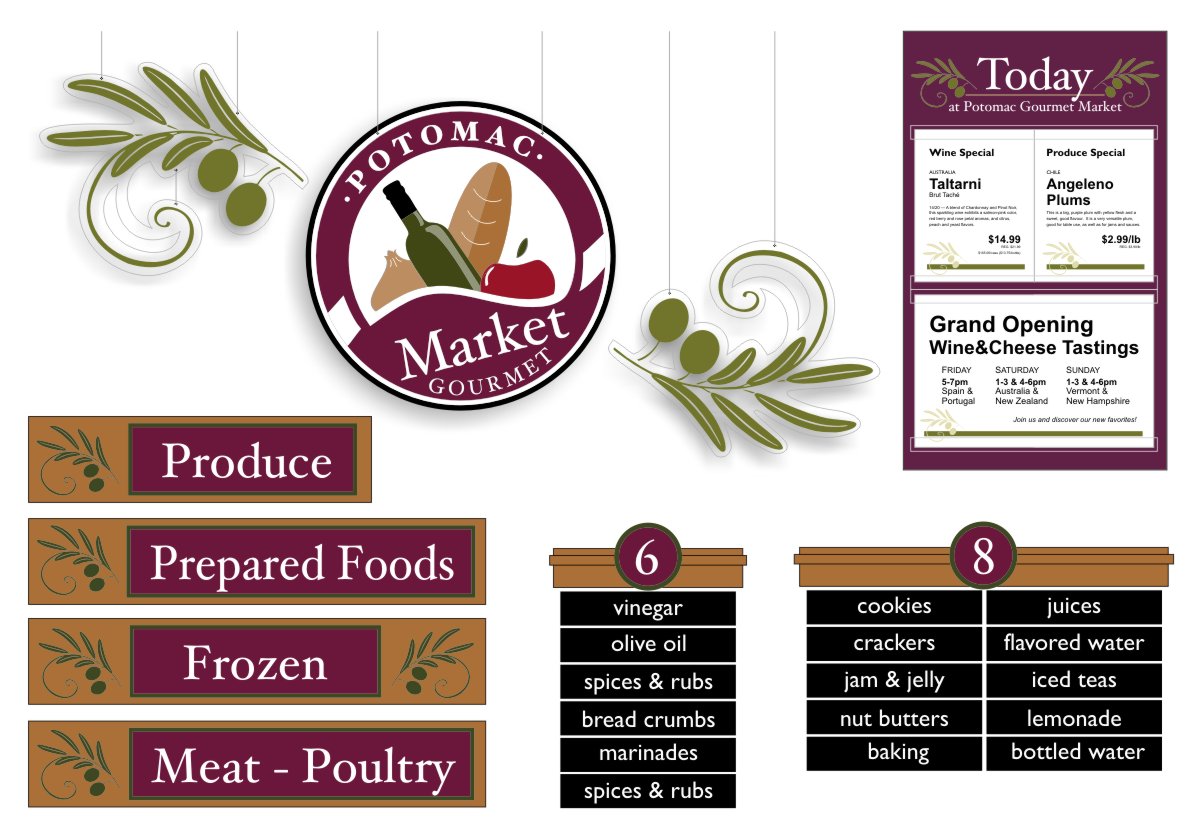 Detail drawing showing individual graphic branded elements, logo signage, aisle signs and featured special and event signage in brand colors of burgundy, olive, cinnamon and sage with white or black text