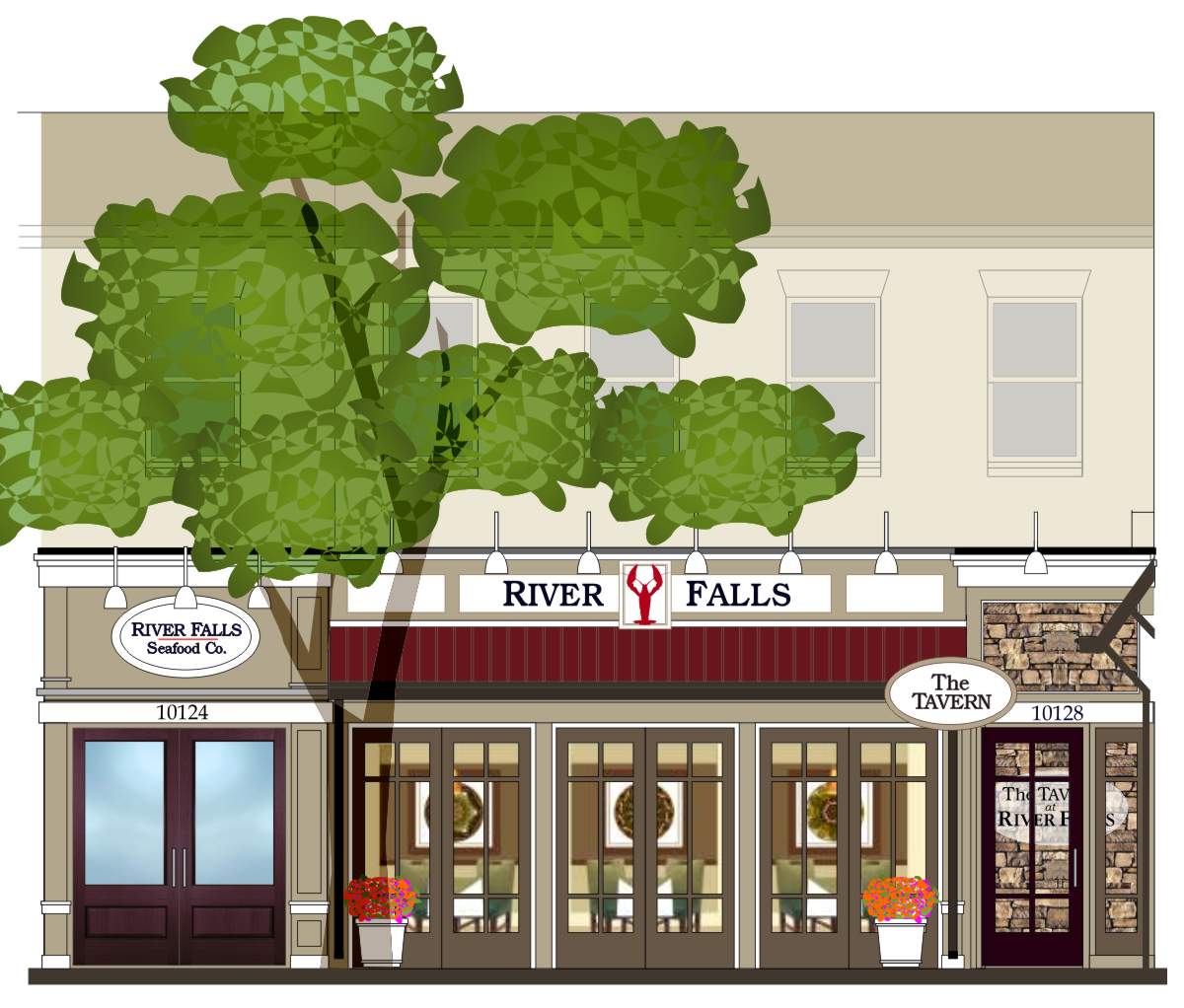 Elevation rendering of the Tavern at River Falls restaurant facade with wine colored standing seam roof, full height french door multi pane glass doors leading to dining patio and array of restaurant and next door Market signage compatibility by Mark Ksiazewski at Centre Street Creative