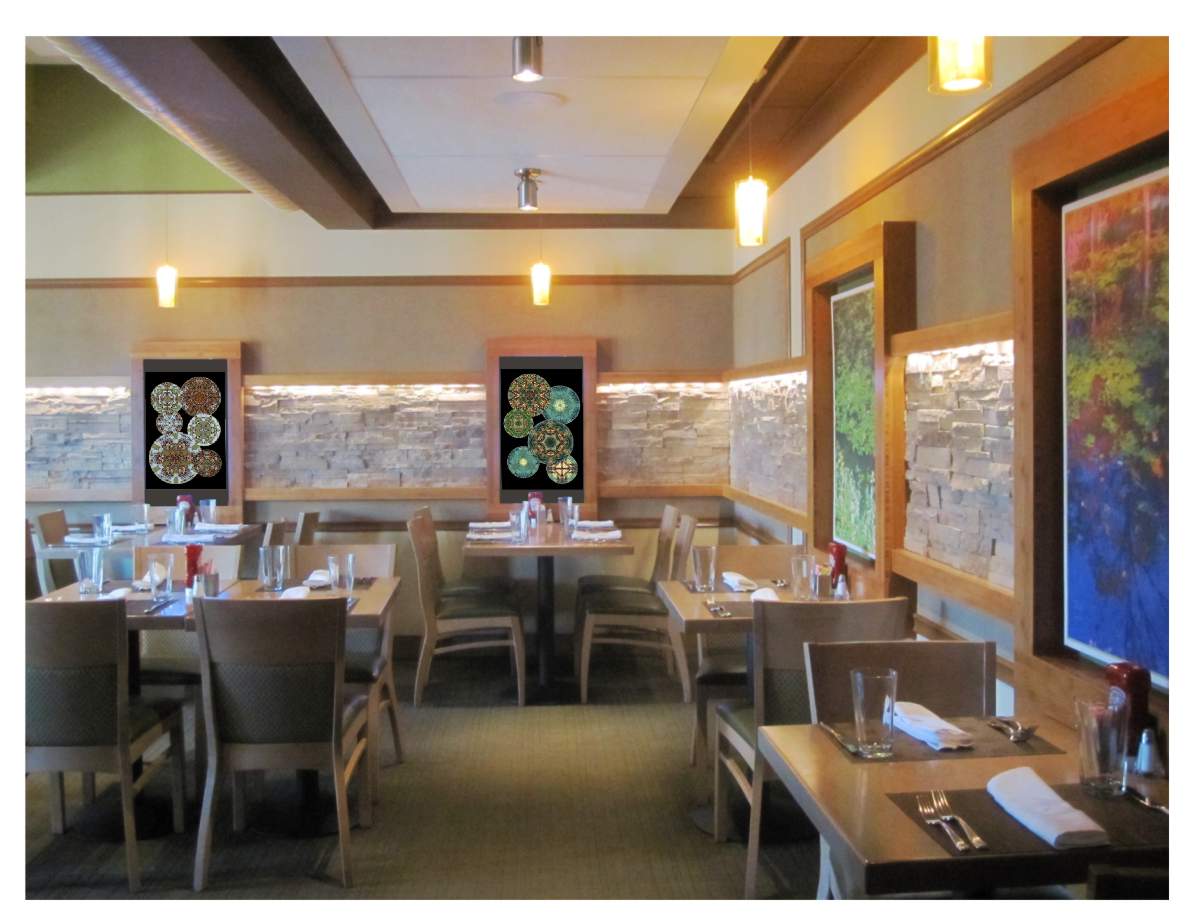 Interior design photo of restaurant dining room with Dal-Tile natural color stone and Benjamin Moore and Valspar painted walls, weathered cedar table tops and GAR Parker chair finishes, Marharam and Stinson pale olive fabric and vinyl upholstery, Plyboo millwork wood frames, Hunter Douglas Techstyle ceiling panels and digital display artwork featuring collection of outdoor scenery of Great Falls, Virginia historical park site, 