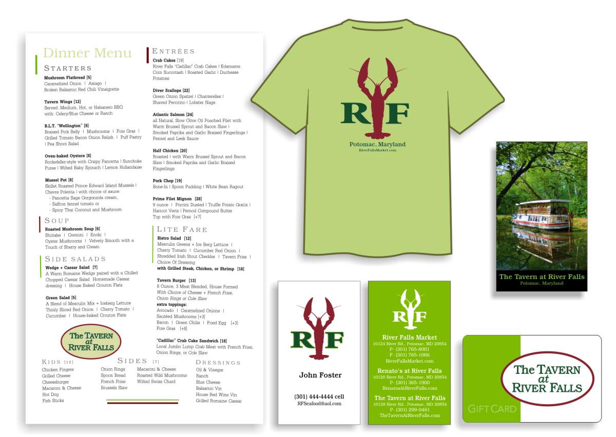 Graphic design for restaurant menu business cards gift cards and t shirts by Centre Street Creative